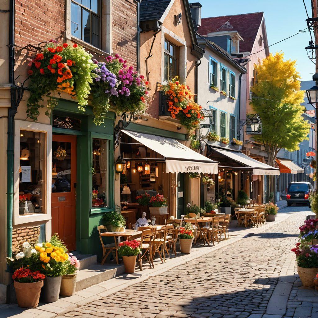 A cozy small-town street filled with charming cafes and boutique shops, where couples are enjoying intimate moments together. Show vibrant flowers in bloom and locals engaged in friendly conversations, capturing the essence of community bonds. Incorporate warm, inviting colors to evoke a feeling of love and support. super-realistic. vibrant colors. warm atmosphere.