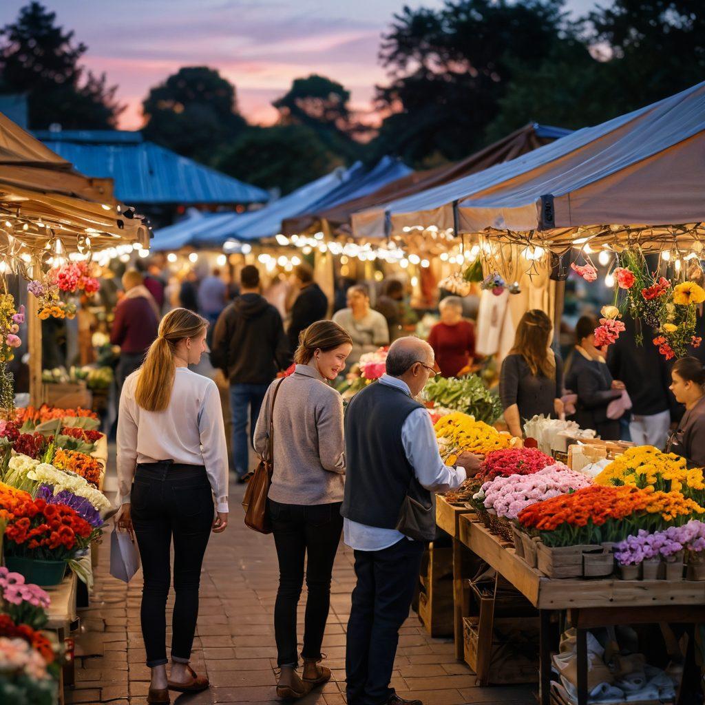A warm, inviting scene of a bustling local market at sunset, with couples engaging in intimate conversations alongside vendors showcasing their handcrafted goods, colorful flowers, and gourmet foods. The atmosphere is filled with a romantic ambiance, highlighting connection and community spirit, with fairy lights illuminating the market stalls. Capture the essence of love and togetherness with a slightly blurred background focus to enhance the warmth of the moment. vibrant colors. super-realistic.